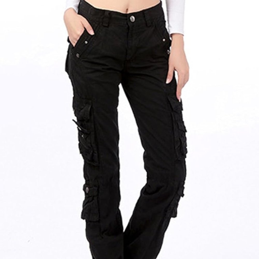 Women's Cargo Pants with 10 Pockets, Black (US 10-12)